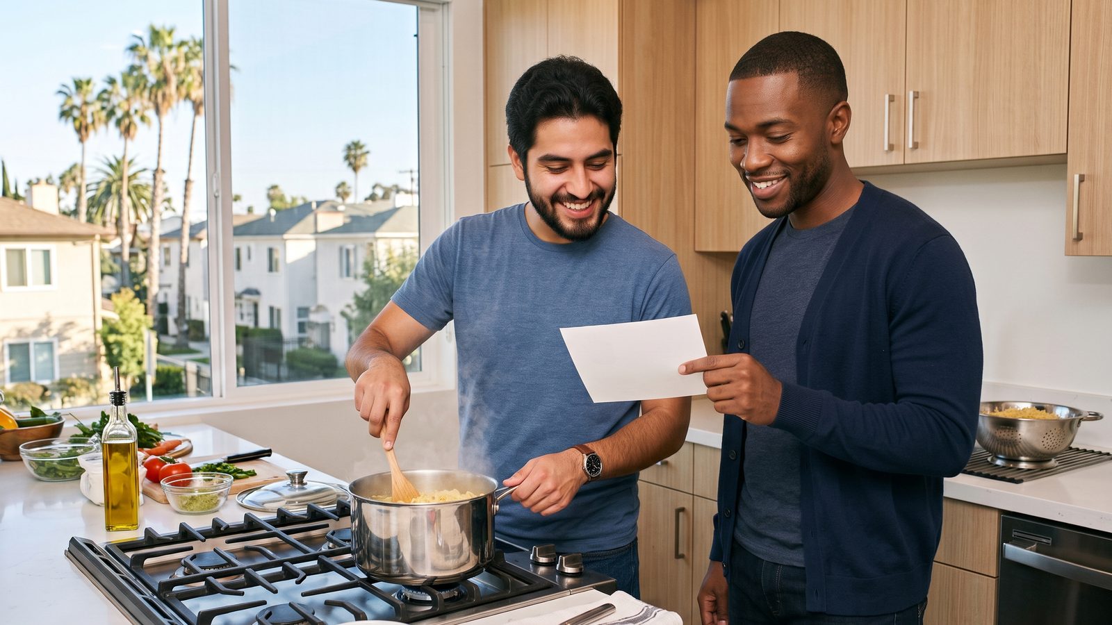 An adult stirs a pot of pasta at the stove while a professional beside them holds the recipe card.