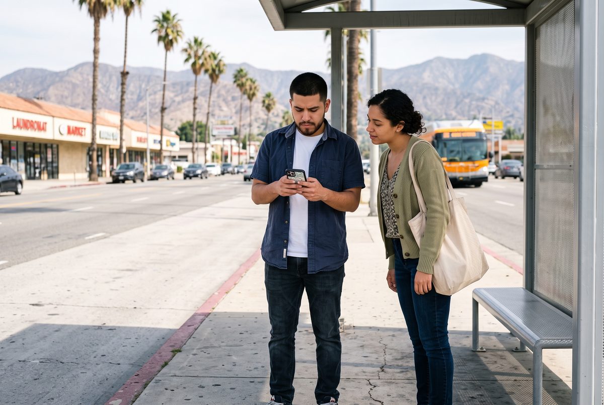 A young man checks a transit app at a Valley bus stop while his specialist looks on.