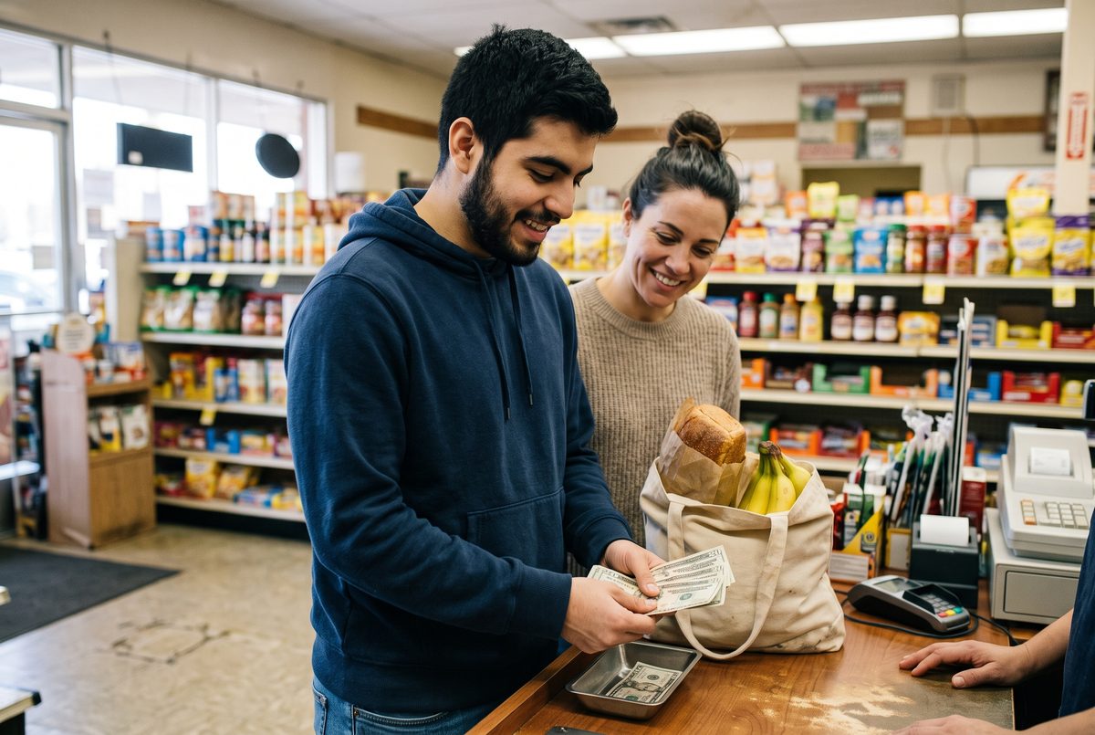 A man counts out cash at a small market's checkout, with his specialist beside him.