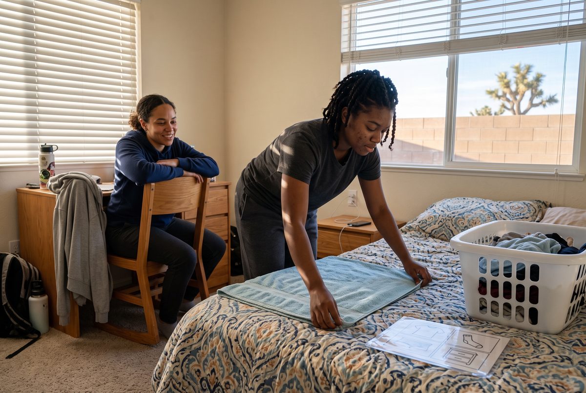 A young woman folds a towel on her bed while her specialist watches from a chair. A Joshua tree shows through the window.