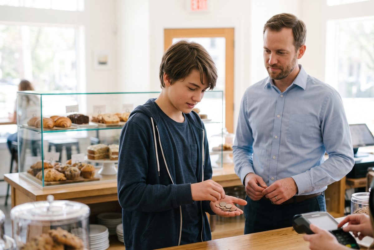 A teen counts out coins to pay at a cafe counter, with a specialist beside them.