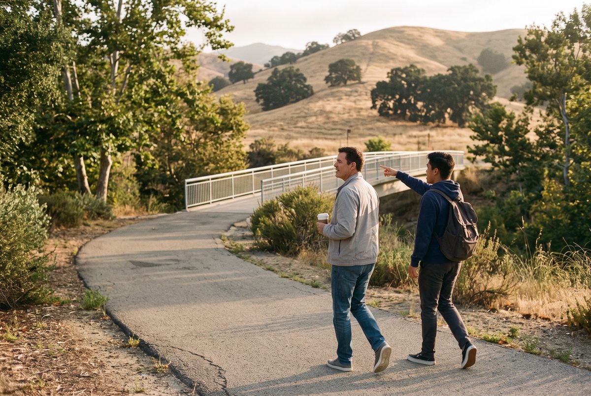 A young man points the way on a Santa Clarita walking path while his specialist walks beside him.