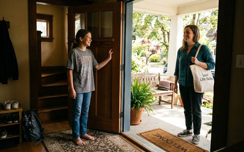 Specialist greeting a parent and child at the front door of a home.