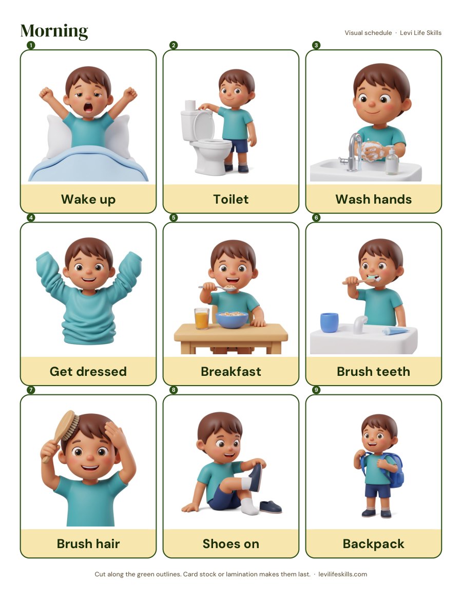 A printed Morning page in the Classic style: nine numbered cards from Wake up to Backpack, each with its word under the picture